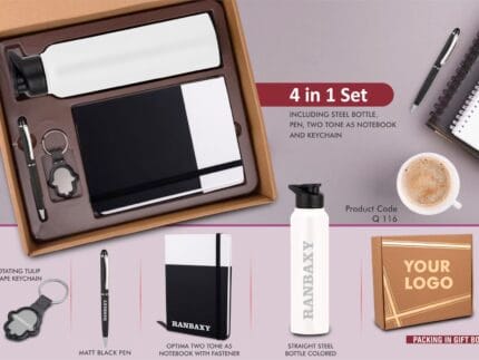 4 in 1 Dual Tone Corporate Gift Set – Tulip Shape Keychain, Stainless Steel Colored Bottle, Metal Pen & A5 PU Notebook in Kraft Gift Box