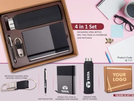 4 in 1 Corporate Gift Set: Metal Keychain, Stainless Steel Bottle, Metal Pen, A5 PU Notebook in Kraft Box