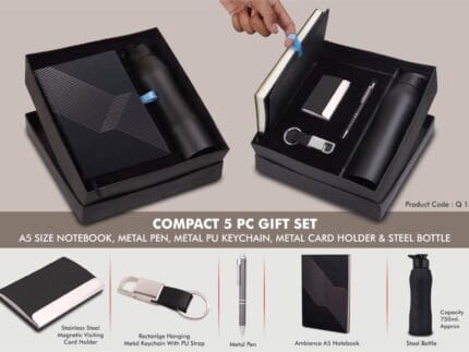 Buy Compact 5 Pc Black Gift Set: A5 Notebook, Metal Pen, Keychain, Card Holder & Steel Bottle – Corporate Gift Set for Business in India