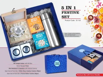 Festive Gift Set of 5: OM Tealight Holder, Mini Speaker, Flask & Cookies