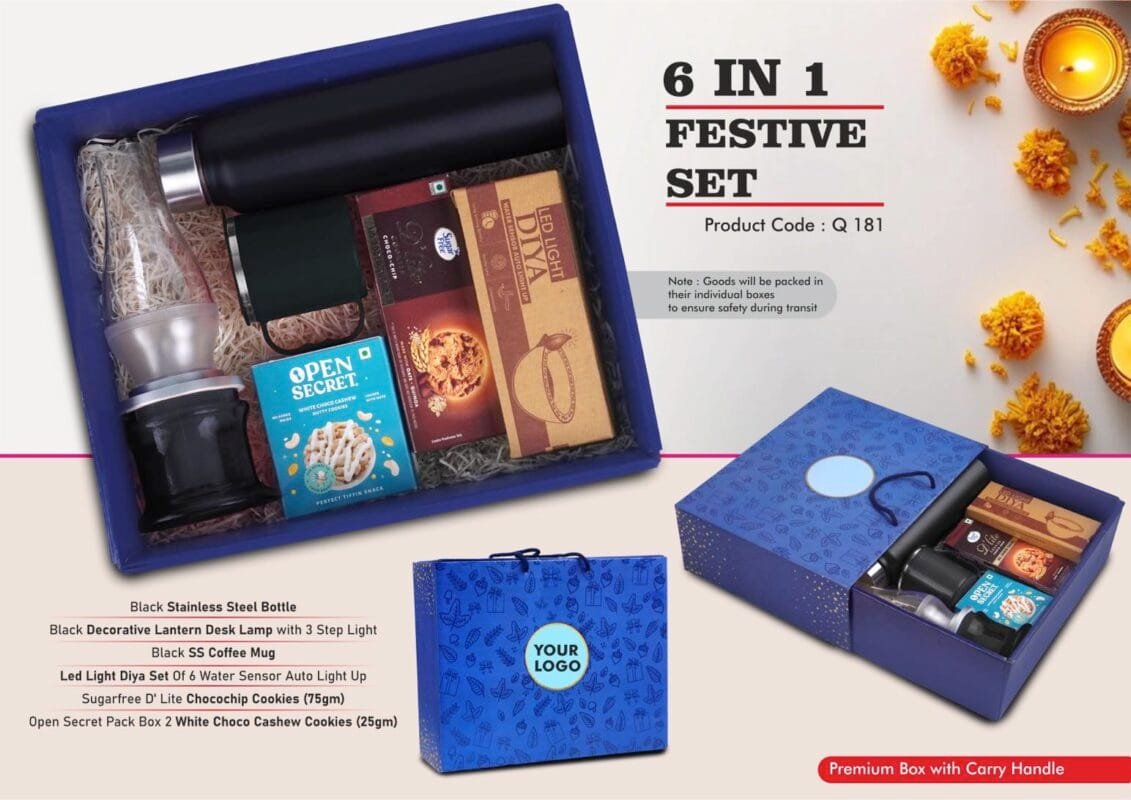Festive Gift Set of 6 LED Lamp SS Bottle Coffee Mug Gourmet Treats