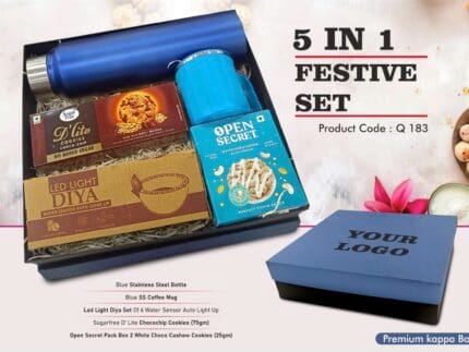 Festive Gift Set 5 | 1L SS Bottle, Coffee Mug, LED Diya & Healthy Cookies