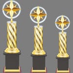 Star Metal Trophy golden design with wooden base for corporate awards