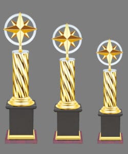 Star Metal Trophy golden design with wooden base for corporate awards