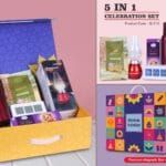 Celebration Gift Set of 5 – SS Bottle, LED Blow Lamp, Digital Clock, Sugarfree Cookies & Garlic Bruschetta in Magnetic Gift Box
