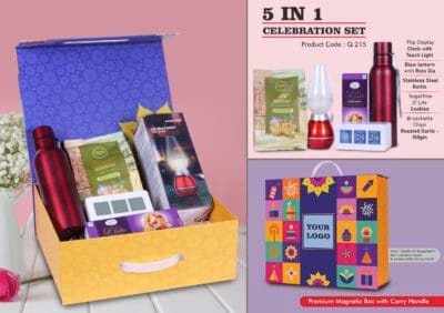 Celebration Gift Set of 5 – SS Bottle, LED Blow Lamp, Digital Clock, Sugarfree Cookies & Garlic Bruschetta in Magnetic Gift Box
