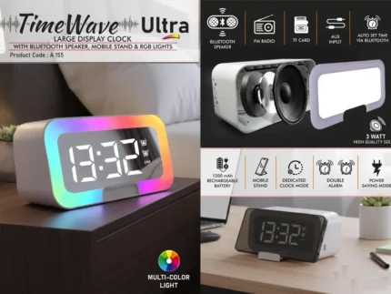 TimeWave Ultra – Large Digital Clock with Bluetooth Speaker, Mobile Stand & RGB Lights | Mirror Display, FM & TF Card Support | 1200mAh Battery