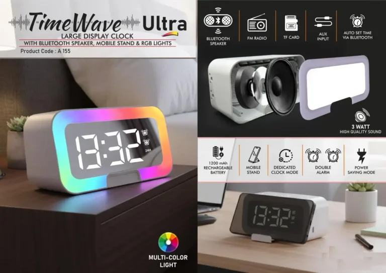 TimeWave Ultra – Large Digital Clock with Bluetooth Speaker, Mobile Stand & RGB Lights | Mirror Display, FM & TF Card Support | 1200mAh Battery