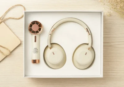 Premium corporate tech gift set with wireless headphones and grooming kit for employee and client gifting