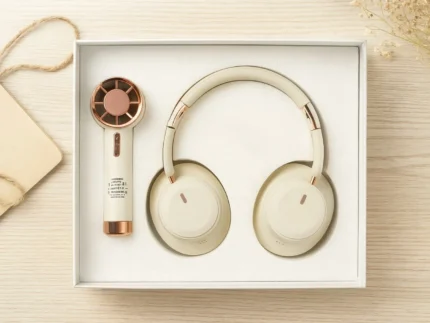 Premium corporate tech gift set with wireless headphones and grooming kit for employee and client gifting