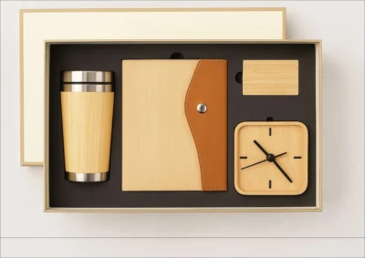 Premium wooden corporate gift set with diary, tumbler, wooden clock and card holder eco friendly office gift kit India
