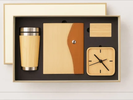 Premium wooden corporate gift set with diary, tumbler, wooden clock and card holder eco friendly office gift kit India