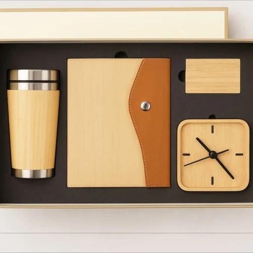 Premium wooden corporate gift set with diary, tumbler, wooden clock and card holder eco friendly office gift kit India