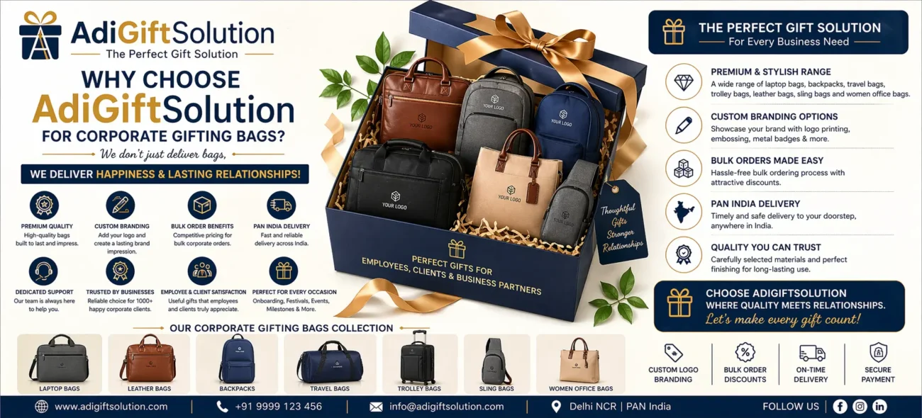 Why choose AdiGiftSolution corporate gifting bags including laptop bags, backpacks, trolley bags, travel bags and leather bags with custom branding and bulk order delivery in India